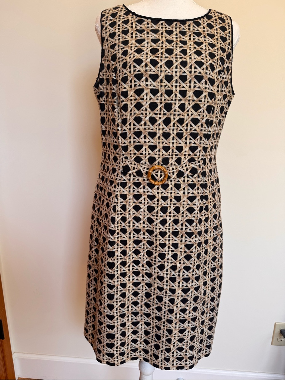 Casual Corner Black Dress with Beige Geometric Overlay
